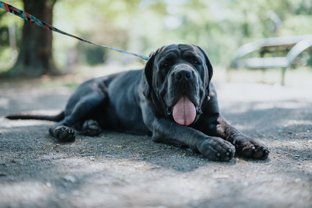 Large black dog resting calmly on a leash in a sunny parkの写真素材