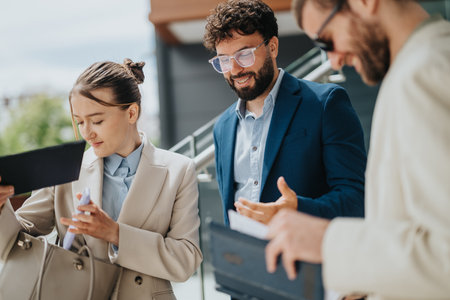 Professional coworkers reviewing documents during a collaborative business meeting outdoorsの写真素材