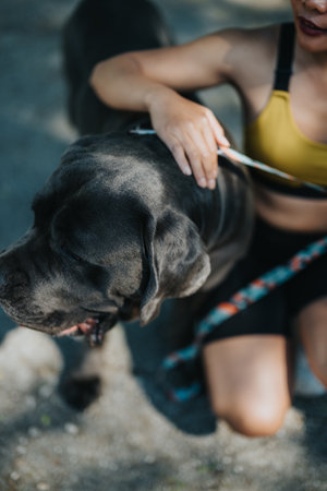 Person spending time with large dog in an outdoor settingの写真素材