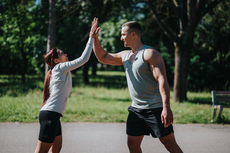 Fit couple sharing a high five during an outdoor exercise and smiling brightlyの写真素材