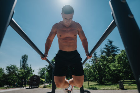 Man performing calisthenics exercise on bars outdoors in sunny park setting