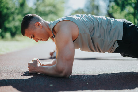Man practicing a plank exercise outdoors on a sunny day in the parkの写真素材