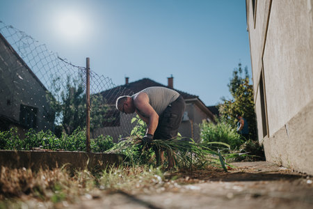 Man gardening in a sunny backyard, tending plants near a chain-link fence and sunlit soilの写真素材