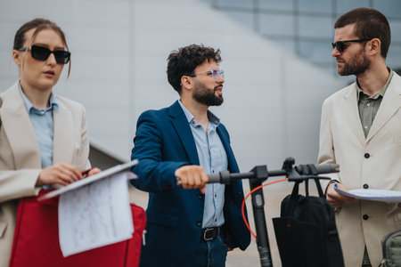 Professionals discussing during a modern business meeting outdoors with documents and equipment