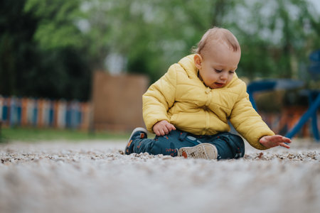 Young child exploring outdoors while playing in pebbles sitting on the groundの写真素材