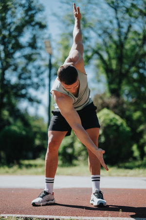 Man stretching outdoors in the park during a sunny day workoutの写真素材