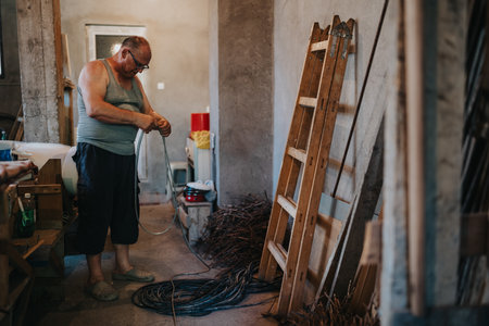 Man in a workshop organizing cables beside a wooden ladder in a cluttered workspaceの写真素材