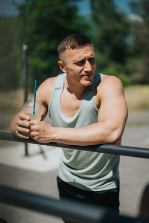 Man with a drink on a sunny dayの写真素材
