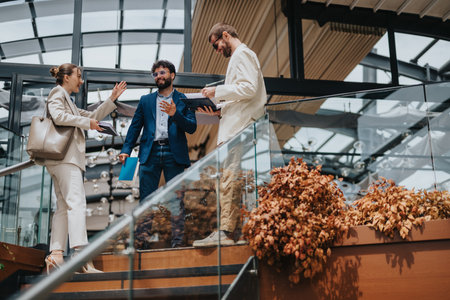 Three professionals discussing business on modern office stairs with vibrant decor