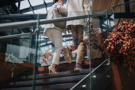Business professionals ascending stairs in elegant interior modern workspace settingの写真素材