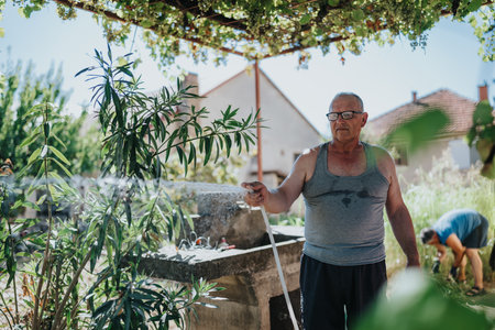 Older man watering garden with hose in sunny backyard while another person works nearby