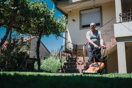 Older man mowing the lawn in front of a house with stairs and greenery on a sunny dayの写真素材