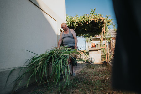 Man with wheelbarrow and garden clippings in a sunny backyard sceneの写真素材