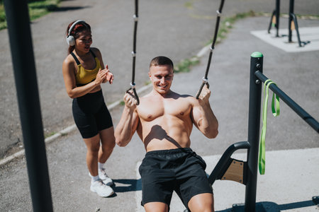 Outdoor fitness training with two people exercising together using equipment in a parkの写真素材