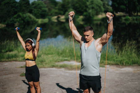 Diverse couple exercising outdoors with resistance bands and weights in sunlightの写真素材