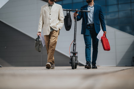 Two professionals walking with an electric scooter outside a modern urban buildingの写真素材