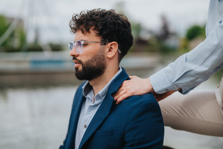 Man in glasses being comforted by supportive hand outdoorsの写真素材