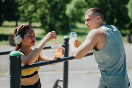 Two people enjoying beverages after exercising outdoors in a parkの写真素材