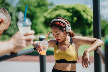 Woman Relaxing After Exercise Outdoors Drinking Refreshing Drink