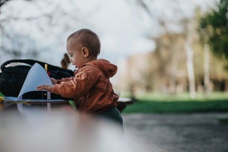 Child exploring outdoors with paper under calm and natural daylightの写真素材