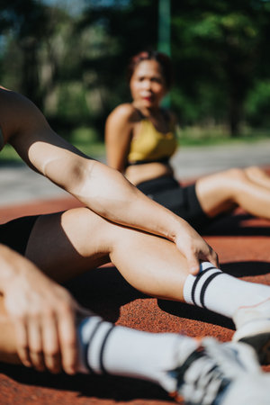 Two individuals stretching outdoors on a sunny day in a park setting