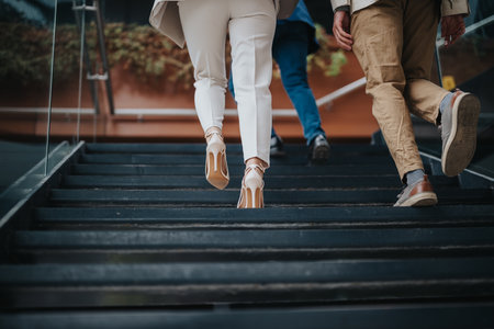 Business professionals ascending stairs in formal and casual attireの写真素材