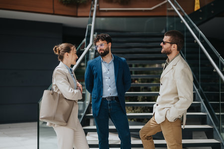 Three professionals having a casual conversation outdoors near a staircaseの写真素材