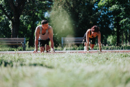 Diverse couple practicing fitness exercises outdoors on a sunny day in natureの写真素材