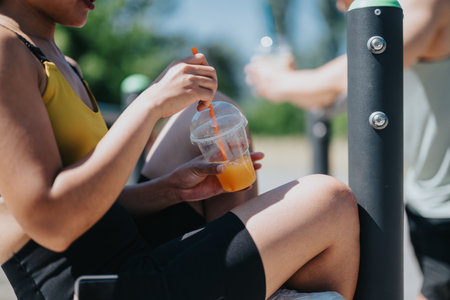 Person enjoying refreshing beverage outdoors on a sunny dayの写真素材