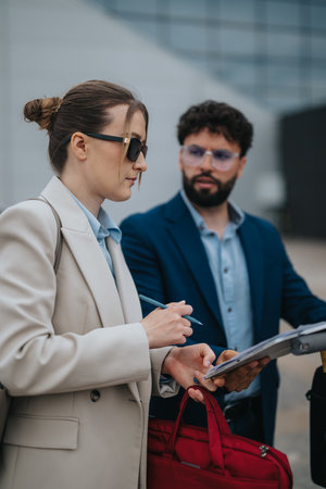 Colleagues analyzing documents outdoors during a professional business meetingの写真素材