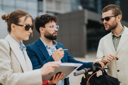 Group discussing business strategies outside an office building.