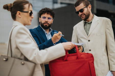 Professional colleagues discussing project outdoors in formal attire with confidence