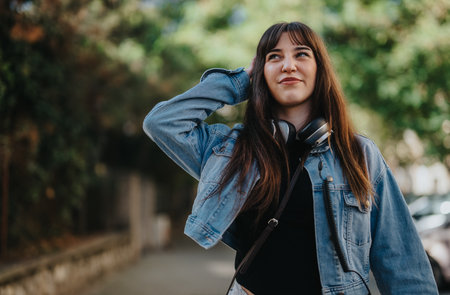 Smiling young woman wearing denim jacket outdoors with headphones around her neck