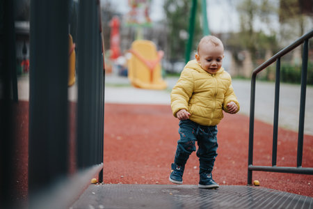 Young child walking in a sunny playground wearing a yellow jacket