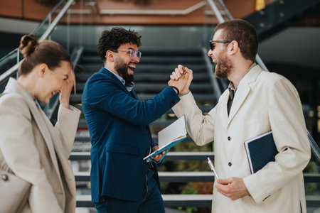 Group of professionals laughing and greeting each other after a business meetingの写真素材
