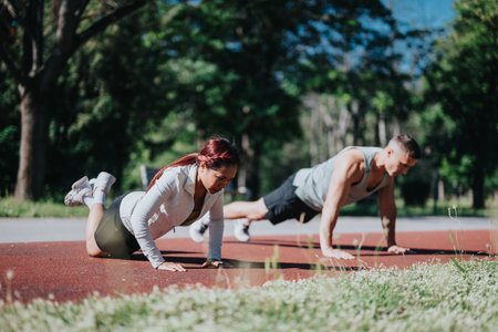 Couple exercising outdoors doing push-ups on a sunny day in park settingの写真素材