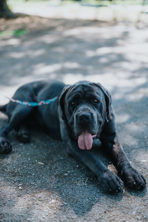 Black dog resting on a leash in a shaded outdoor park areaの写真素材