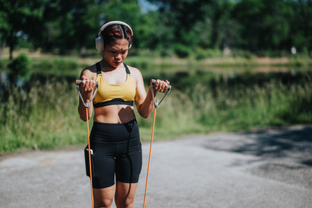 Woman exercising with resistance band outdoors on a sunny day in the parkの写真素材