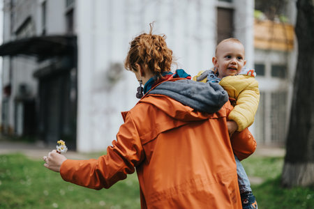 Mother walking outside carrying her child and enjoying a casual momentの写真素材