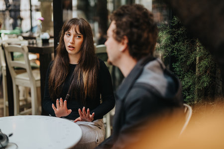 Two friends having an intense discussion at an outdoor cafe