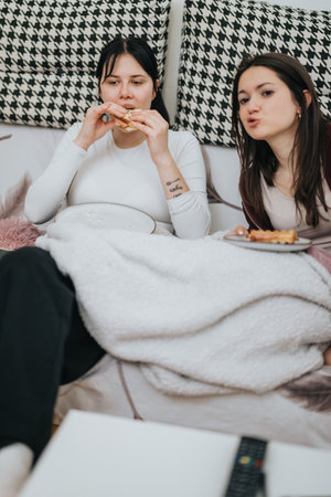 Two Friends Enjoying Snacks Together While Relaxing at Homeの写真素材