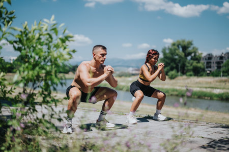 Two people performing squats in an outdoor park setting during a sunny dayの写真素材