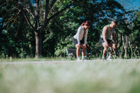 Active couple exercising outdoors together in a lush green park settingの写真素材