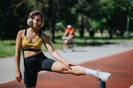 Young woman stretching while listening to music in a sunny parkの写真素材