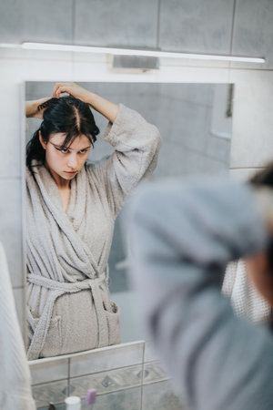 Woman in bathroom wearing robe fixing hair, mirror reflection visible