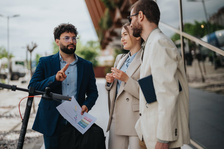 Group of business professionals discussing ideas and collaborating outdoors during workdayの写真素材