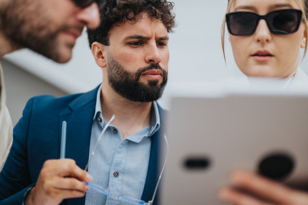 Professionals collaborating and discussing ideas during a business meeting outdoorsの写真素材
