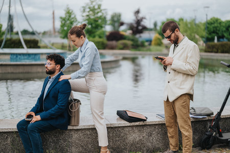 Group of professionals outdoors having a meeting near a serene water featureの写真素材