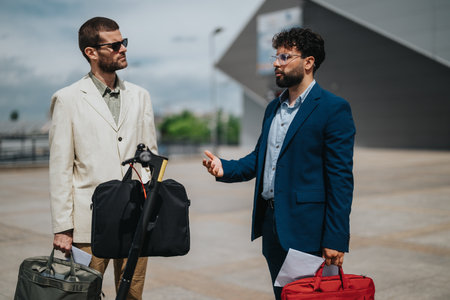 Two businessmen discussing outdoors while holding bagsの写真素材