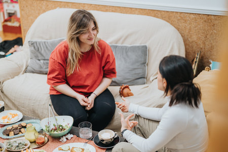 Two friends enjoying a casual chat over food in a cozy living room.の写真素材